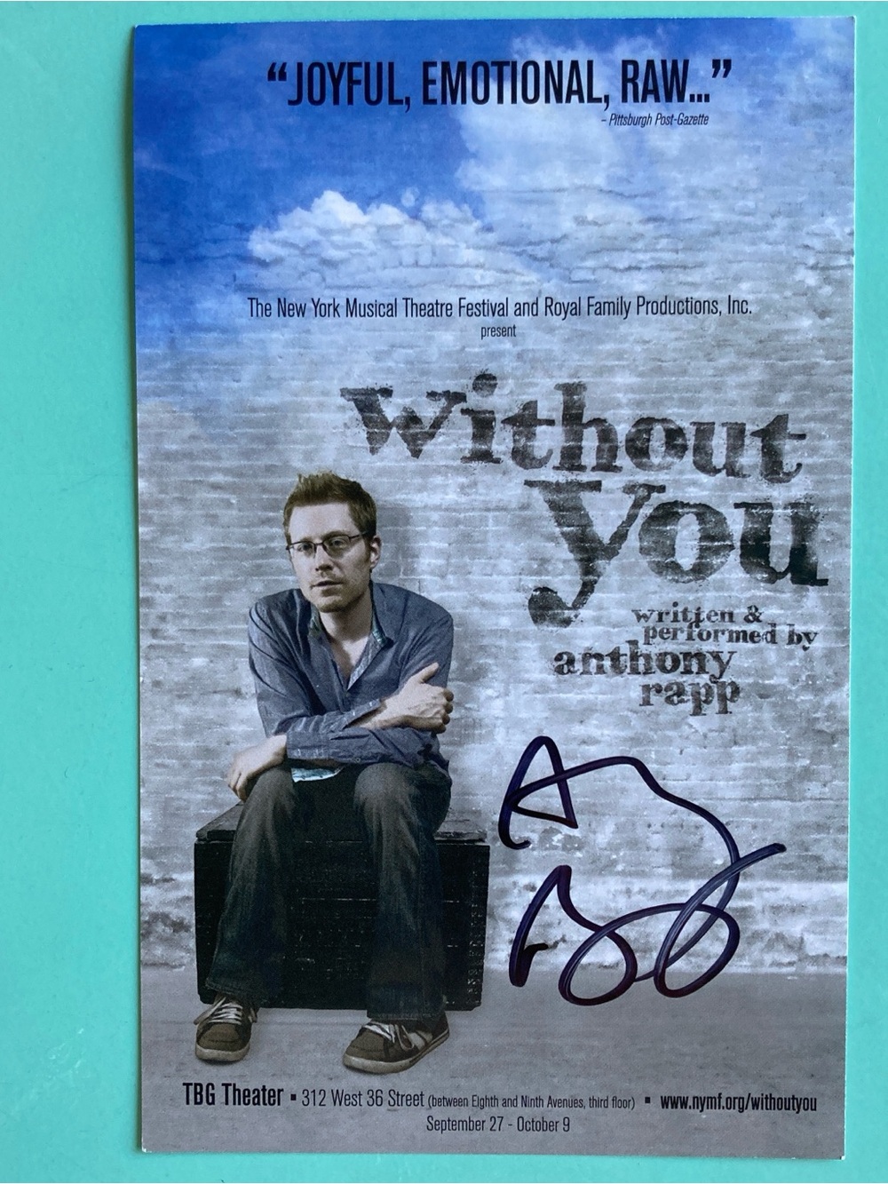 Anthony Rapp Signed Without You Postcard Flyer New York Musical Theatre Festival